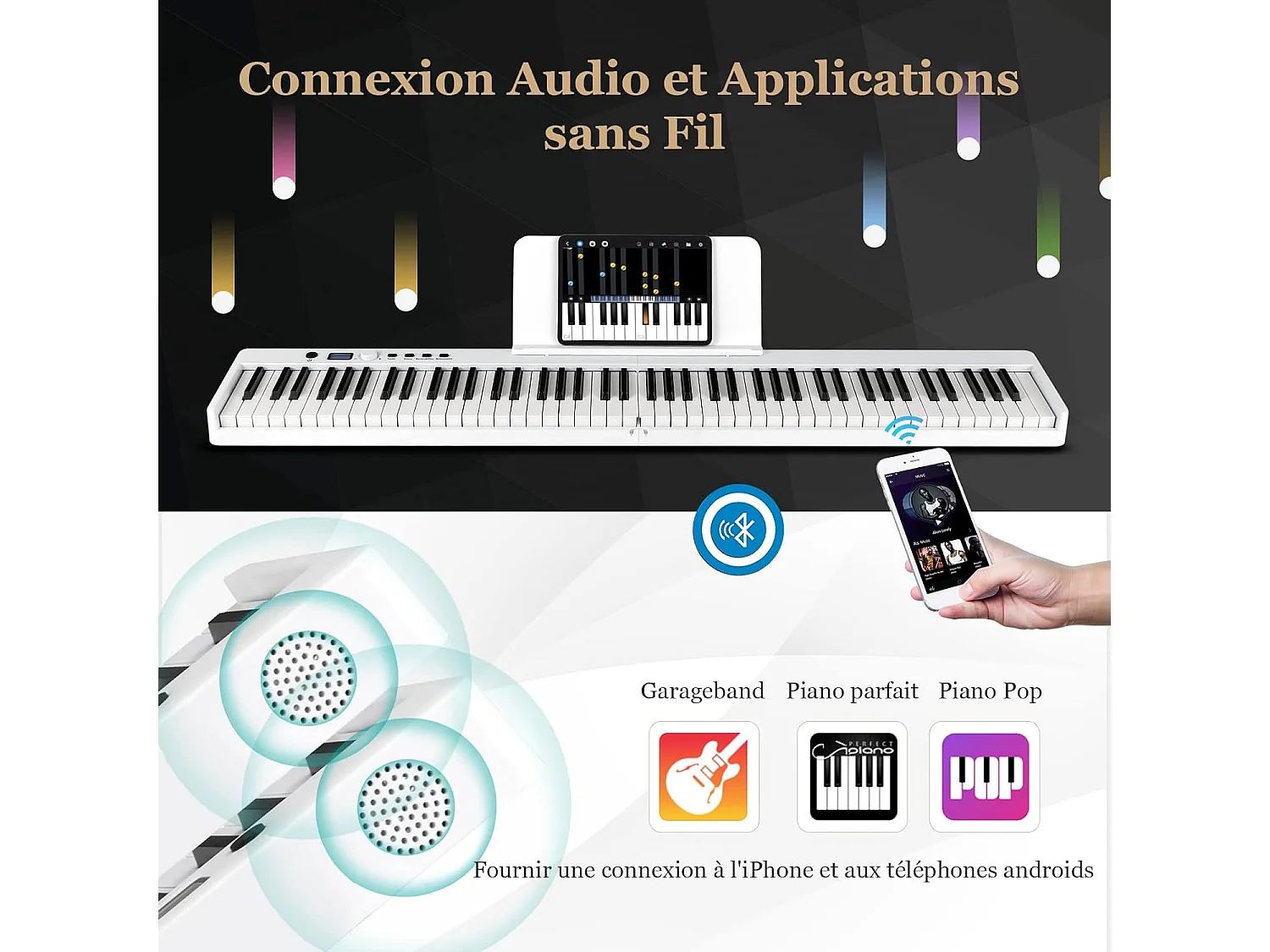 Piano Numérique Pliable à 88 Touches avec Pupitre, 2 Modes d'Apprentissage, MP3/USB/MIDI 126x20,5x6cm, Blanc