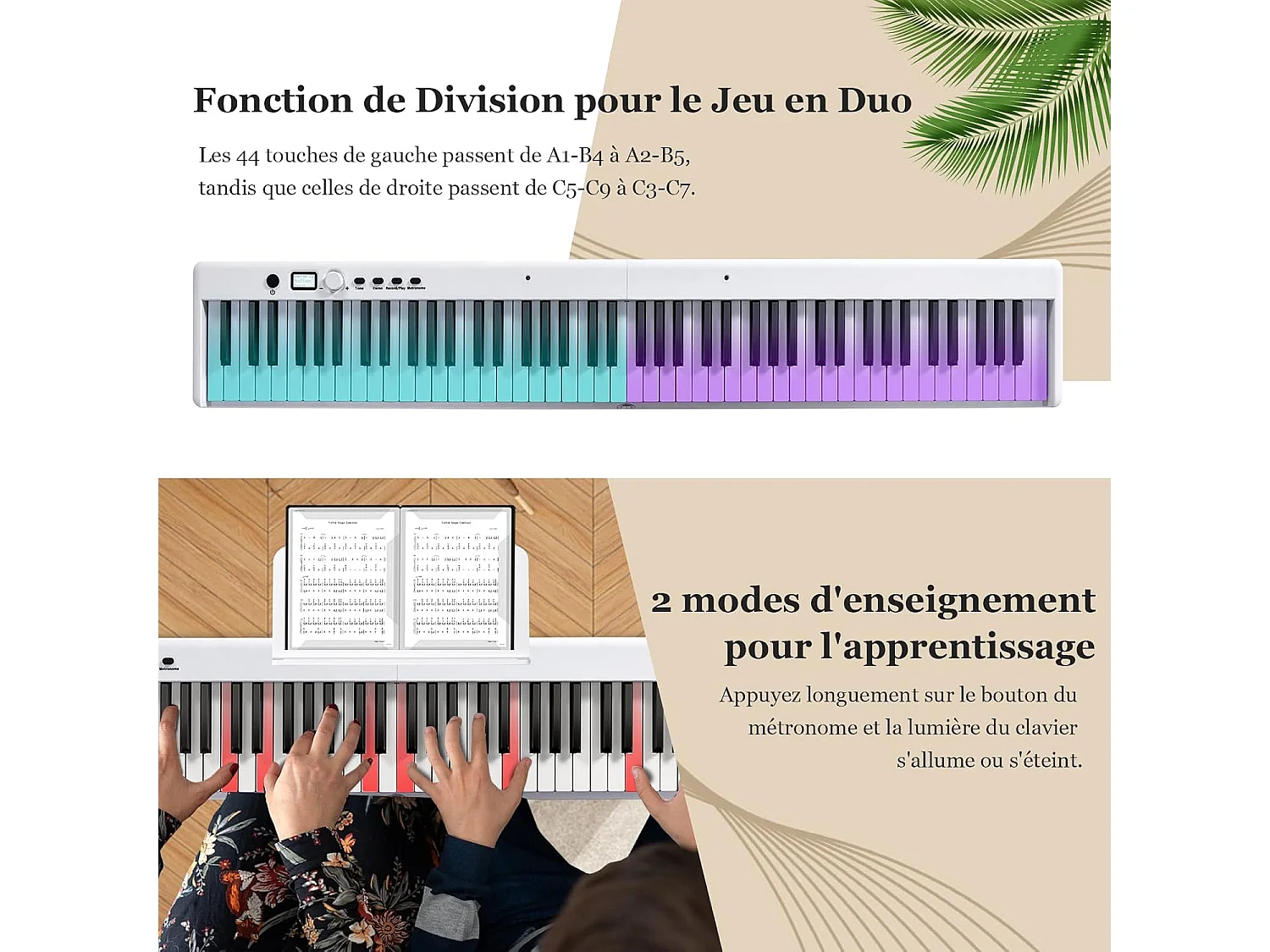 Piano Numérique Pliable à 88 Touches avec Pupitre, 2 Modes d'Apprentissage, MP3/USB/MIDI 126x20,5x6cm, Blanc