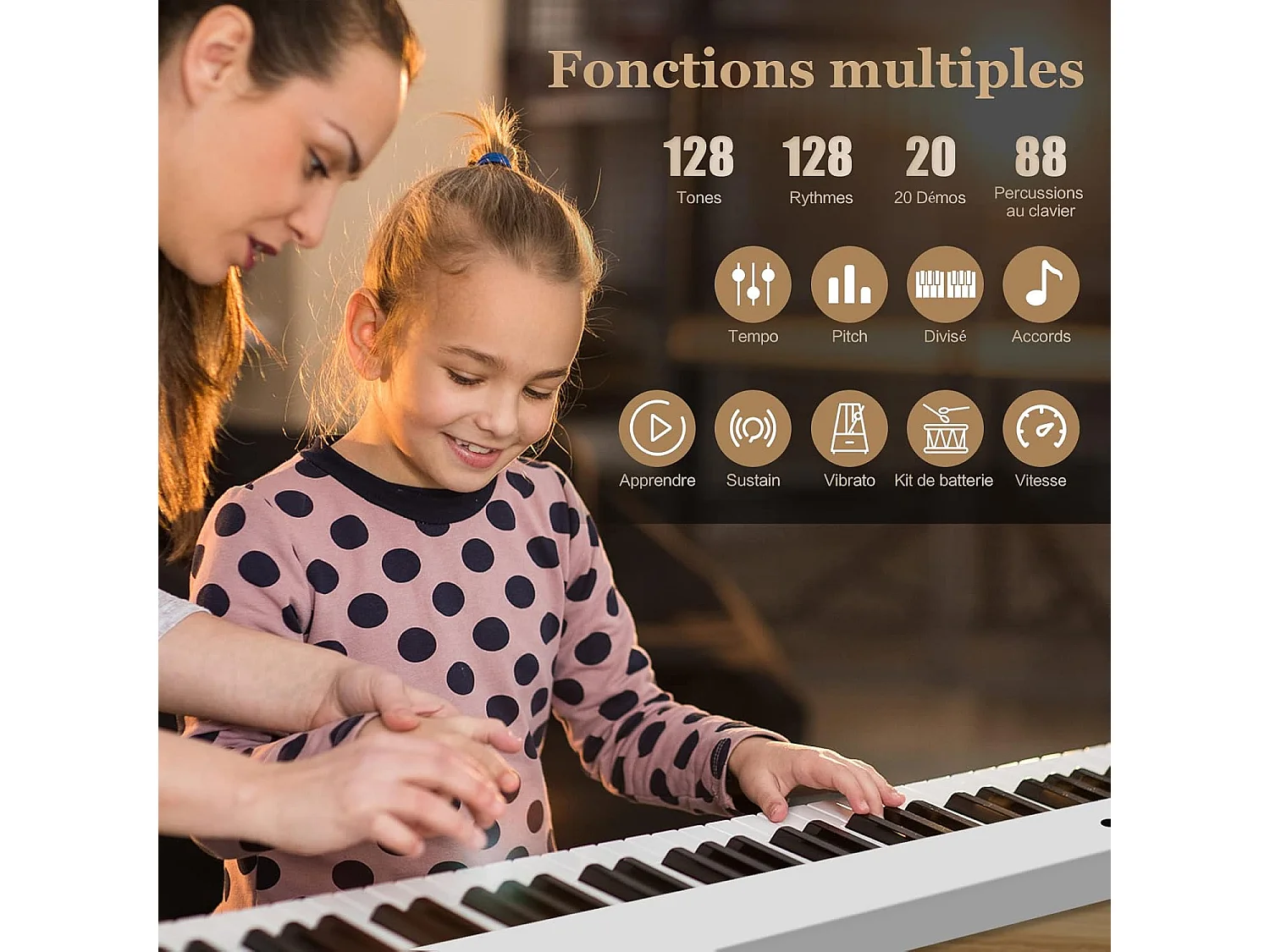 Piano Numérique Pliable à 88 Touches avec Pupitre, 2 Modes d'Apprentissage, MP3/USB/MIDI 126x20,5x6cm, Blanc