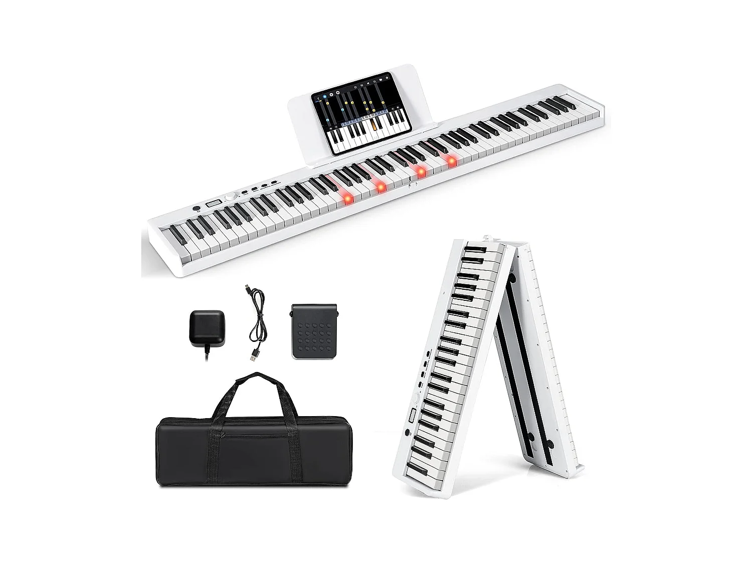 Piano Numérique Pliable à 88 Touches avec Pupitre, 2 Modes d'Apprentissage, MP3/USB/MIDI 126x20,5x6cm, Blanc