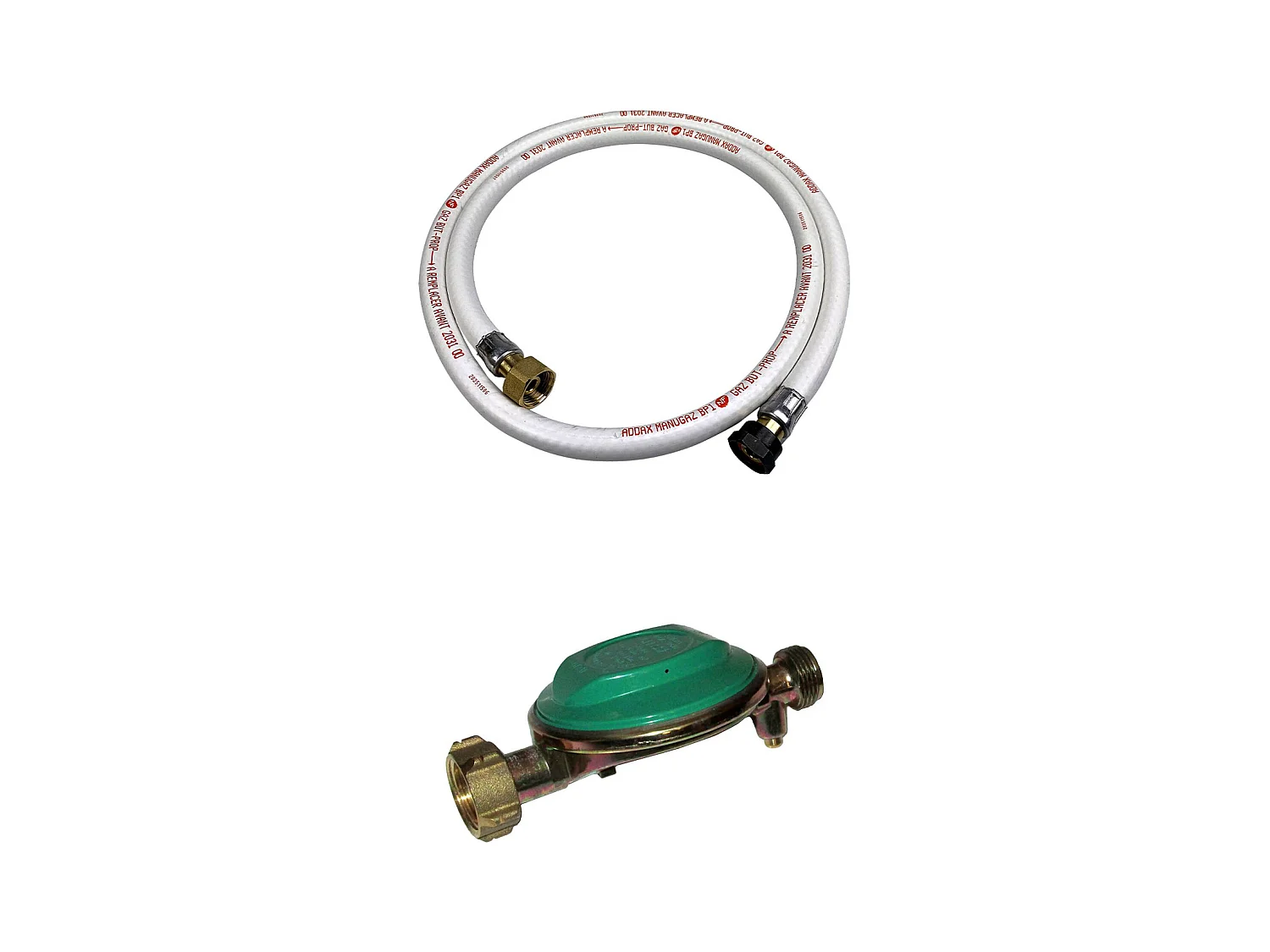 Kit Tuyau flexible de gaz 1.5 m à embouts mécaniques 25mm + Détendeur Butane 28mbar 1.3kg/h – Normes NF
