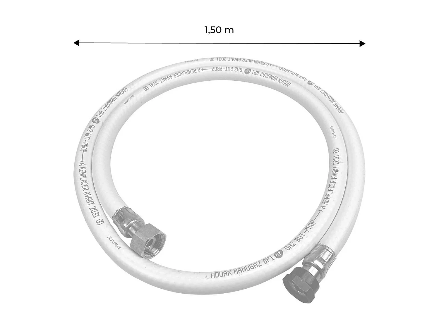 Kit Tuyau flexible de gaz 1.5 m à embouts mécaniques 25mm + Détendeur Butane 28mbar 1.3kg/h – Normes NF