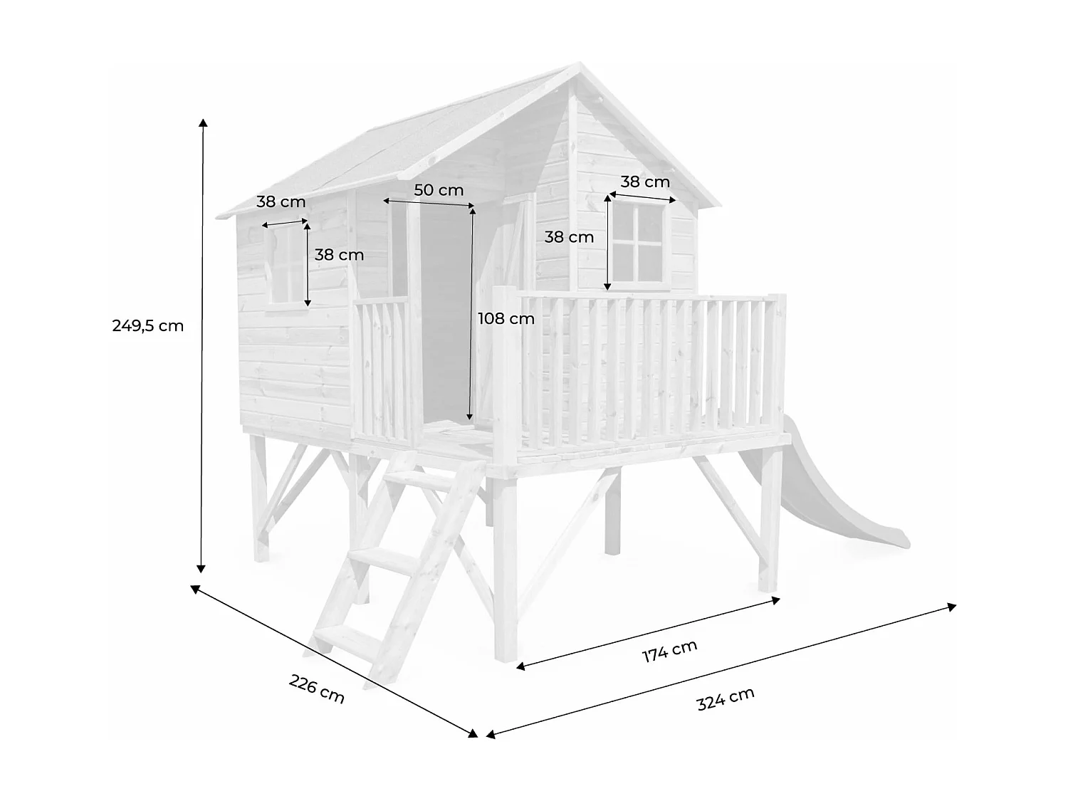 Maisonnette avec toboggan en bois de 3.8m². Orchidée -  cabane sur pilotis en pin autoclave