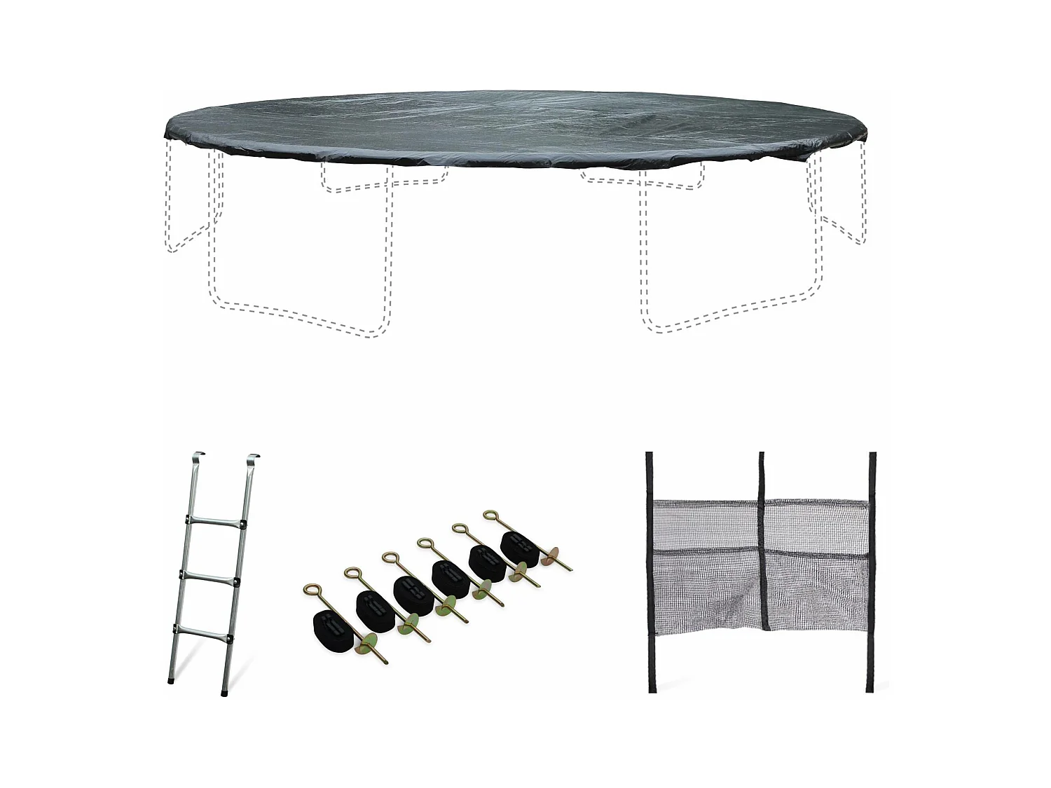 Pack accessoires pour trampoline Ø 490cm Jupiter / Jupiter INNER - Échelle. bâche de protection. filet de rangement pour chaussures et kit d’ancrage