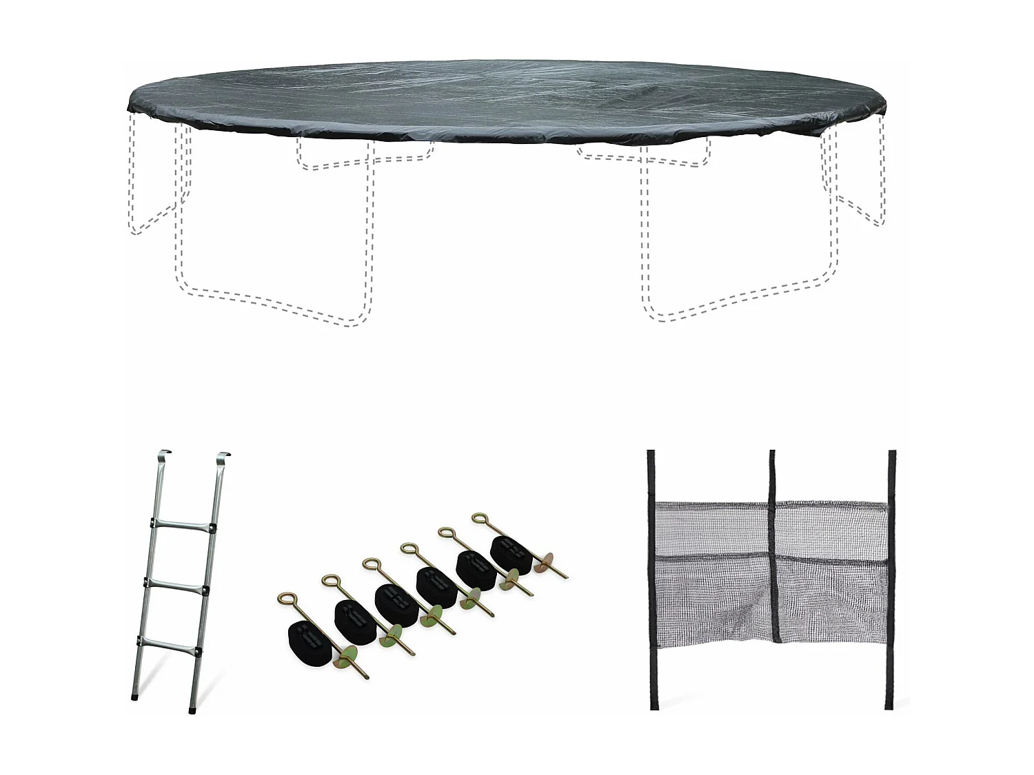 Pack accessoires pour trampoline Ø 490cm Jupiter / Jupiter INNER - Échelle. bâche de protection. filet de rangement pour chaussures et kit d’ancrage