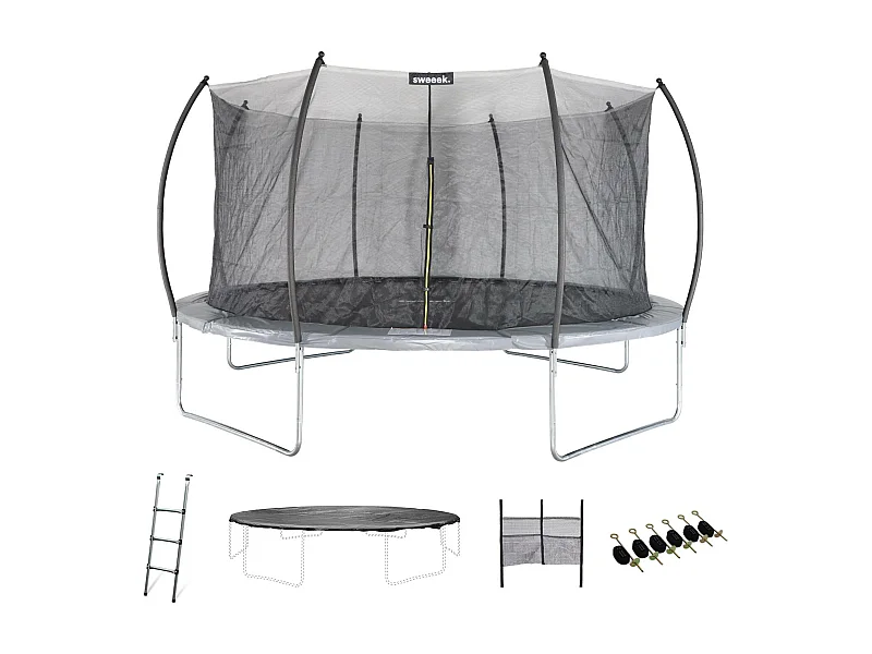 Trampoline rond Ø 490cm gris avec filet de protection intérieur - Jupiter Inner XXL - échelle. bâche. filet pour chaussures et kit d'ancrage 4.90m 490 cm