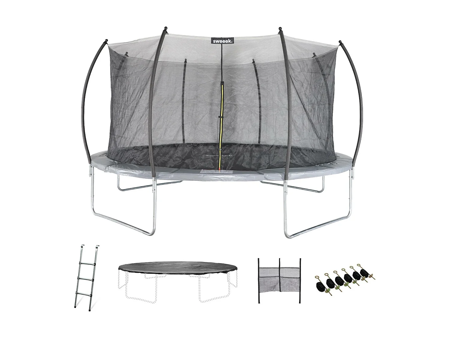 Trampoline rond Ø 490cm gris avec filet de protection intérieur - Jupiter Inner XXL - échelle. bâche. filet pour chaussures et kit d'ancrage 4.90m 490 cm