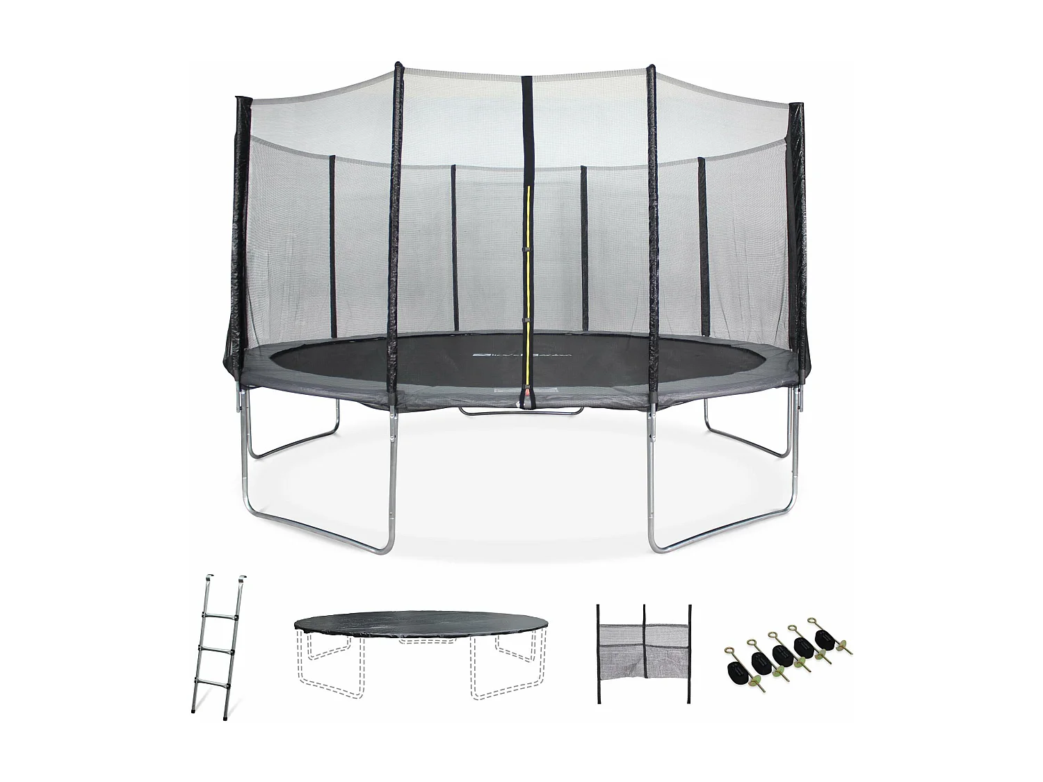 Trampoline 460cm gris avec filet de protection.  échelle. bâche. filet pour chaussures. kit d'ancrage - Neptune XXL - Trampoline de jardin 460 cm 4m | Qualité