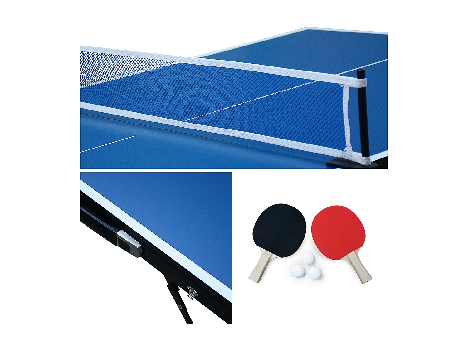 Mesa de ping pong interior plegable con 4 raquetas y 6 pelotas azul