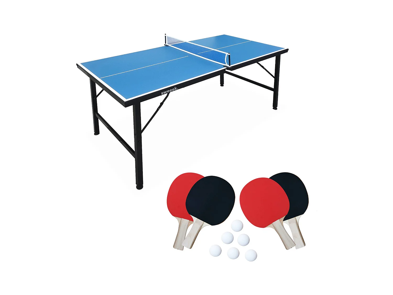 Mini table de ping pong 150x75cm - table pliable INDOOR bleue. avec 4 raquettes et 6 balles. valise de jeu pour utilisation intérieure. sport tennis de table