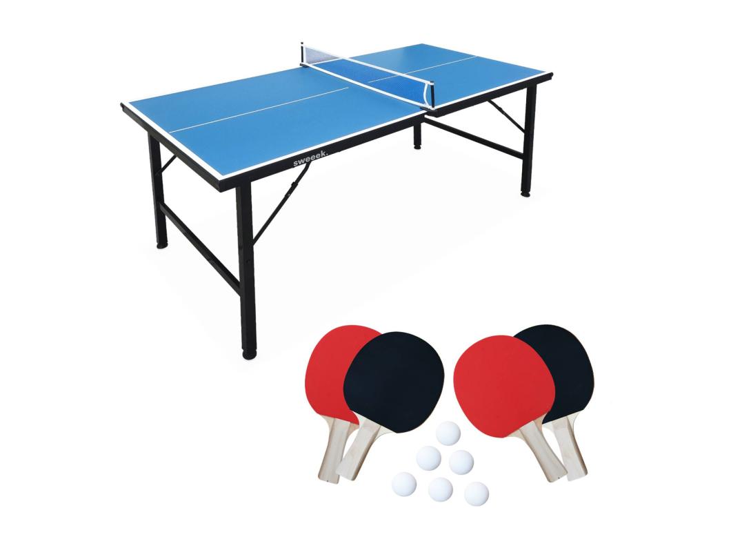 Mesa de ping pong interior plegable con 4 raquetas y 6 pelotas azul
