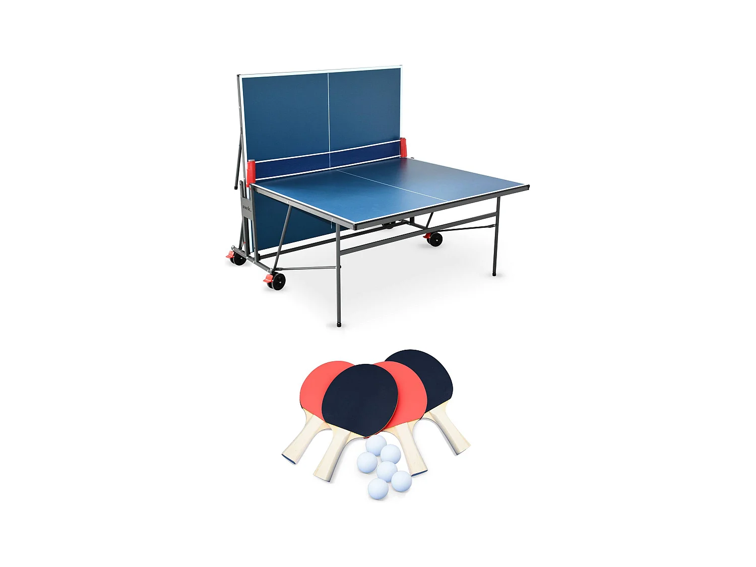 Mesa de ping pong plegable para interior, 4 raquetas y 6 pelotas azul
