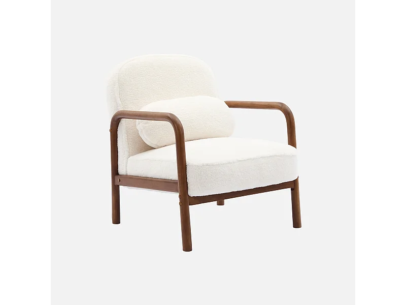 Fauteuil scandinave bois d'hévéa teinté noyer clair et tissu fausse fourrure