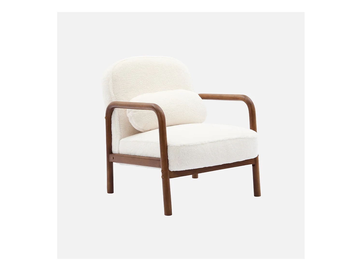 Fauteuil scandinave bois d'hévéa teinté noyer clair et tissu fausse fourrure
