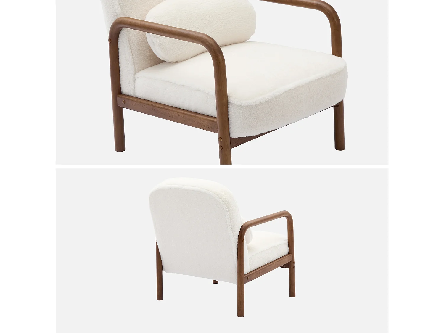 Fauteuil scandinave bois d'hévéa teinté noyer clair et tissu fausse fourrure