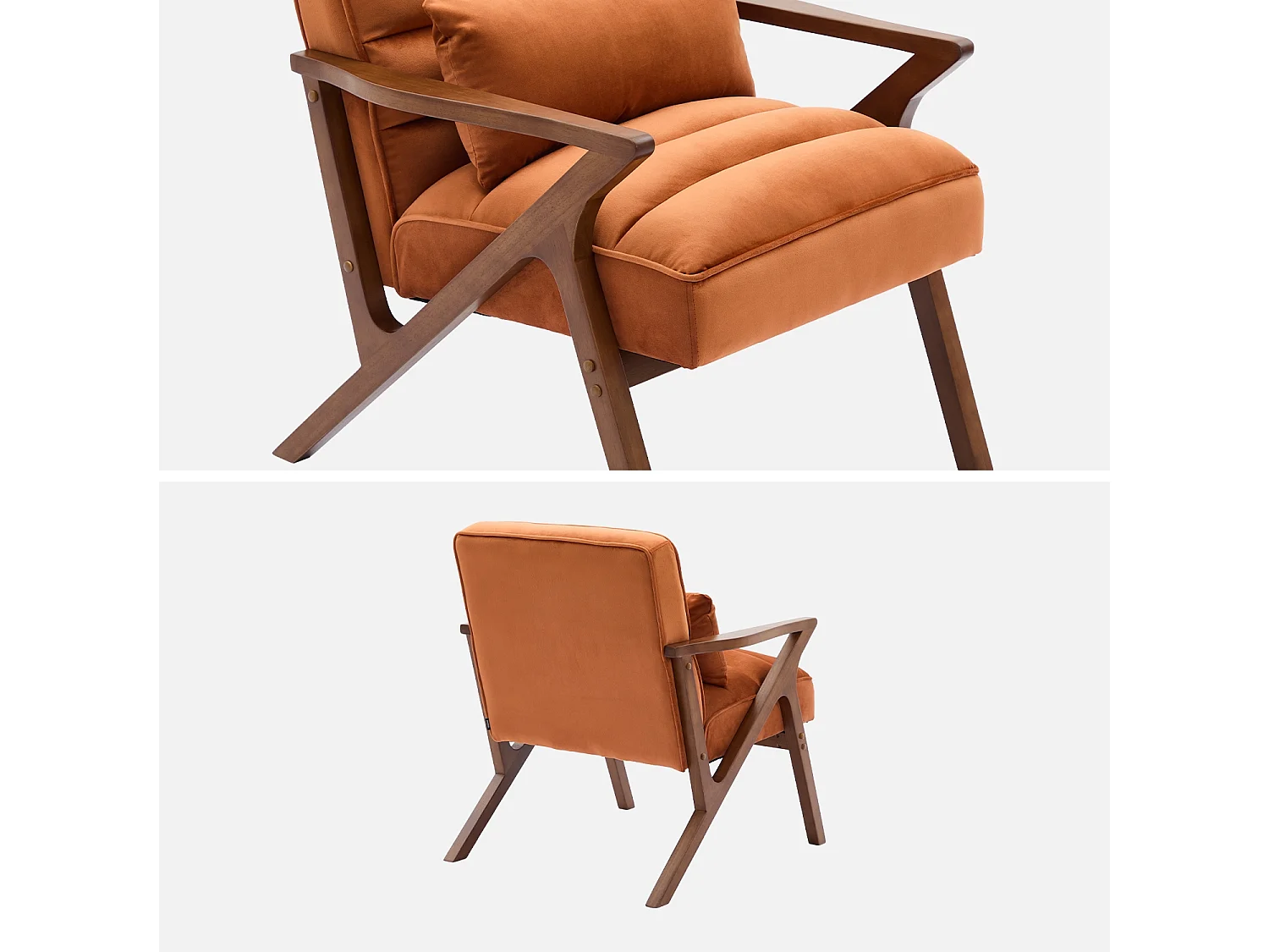 Sillón escandinavo de madera de hevea y terciopelo terracotta