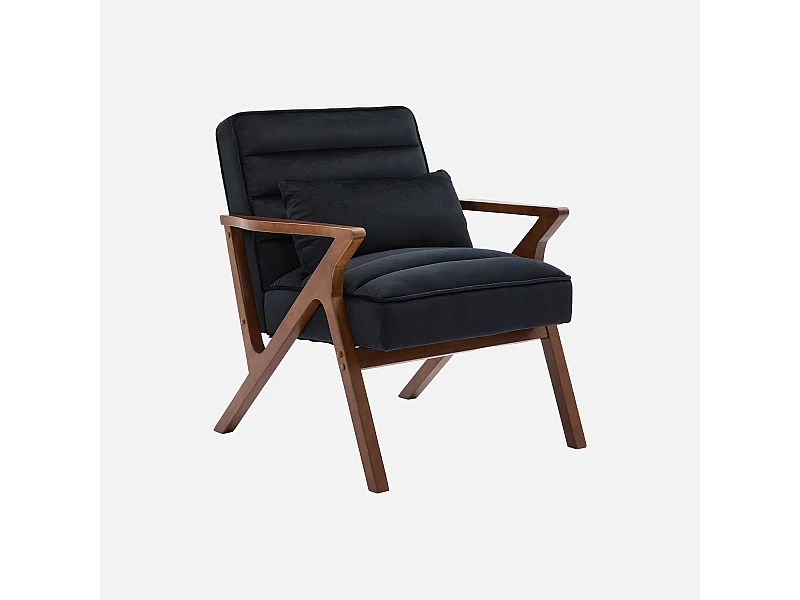 Sillón escandinavo de madera de hevea y terciopelo negro