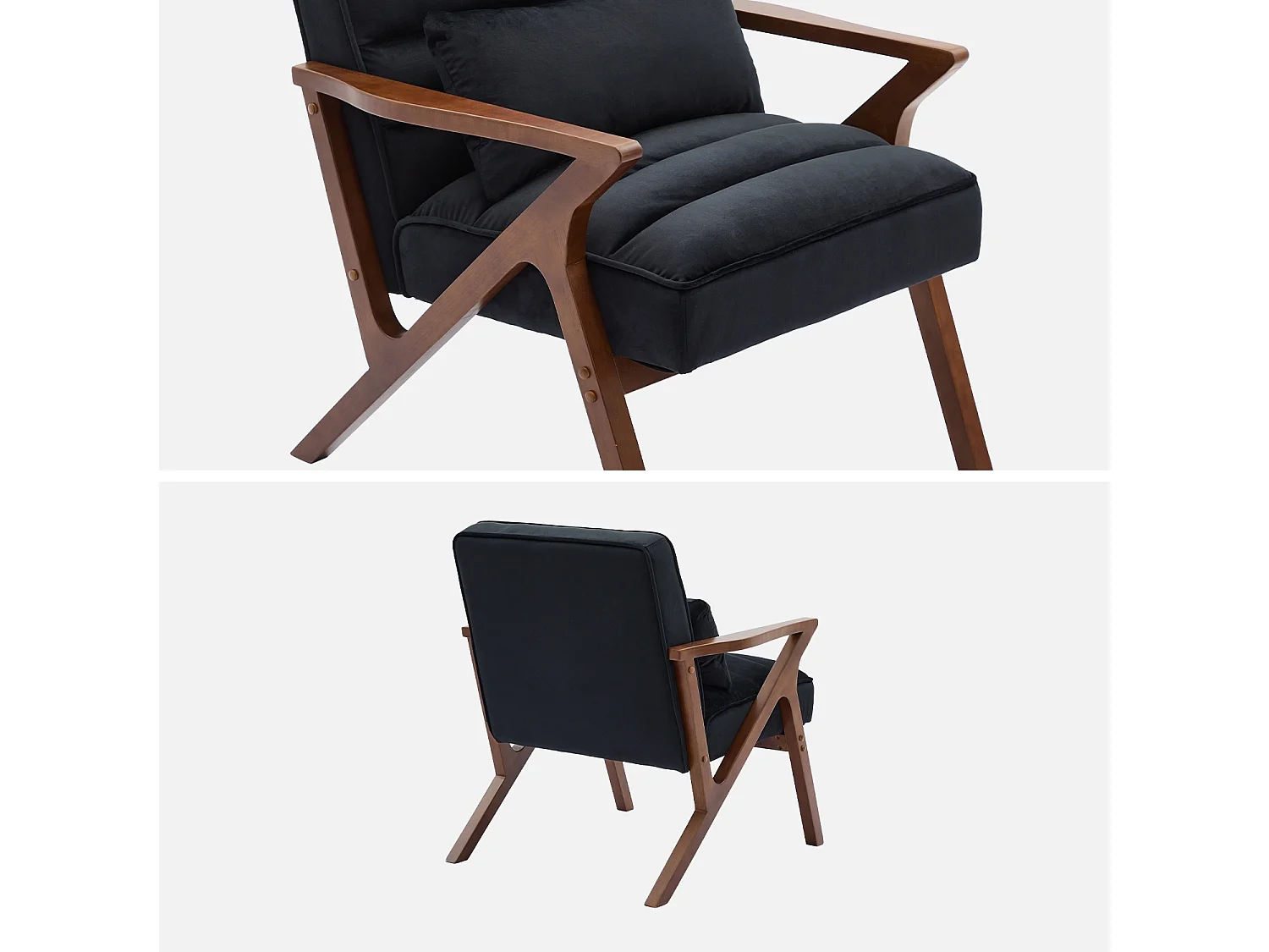Fauteuil scandinave bois d'hévéa et velours noir