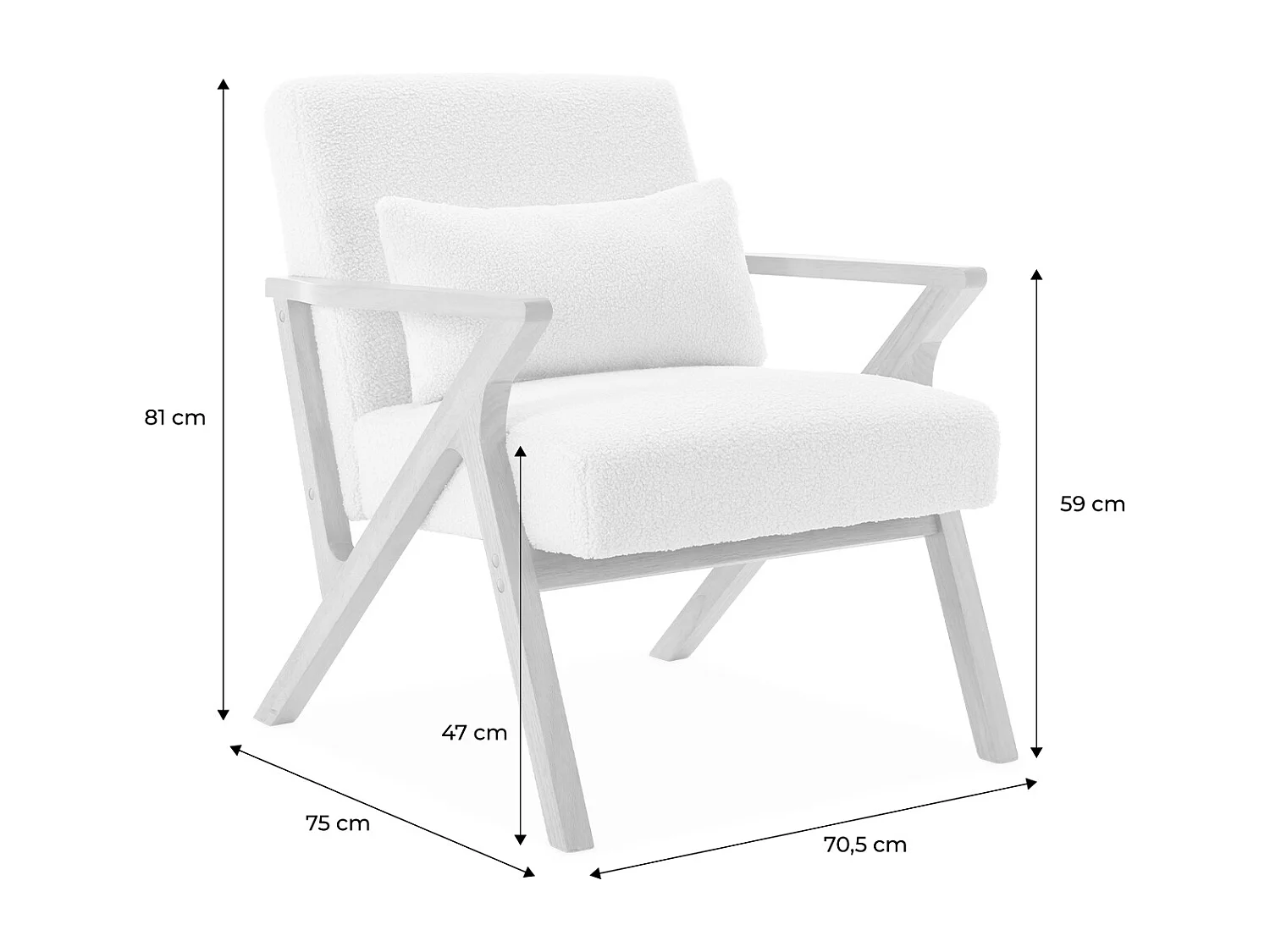 Fauteuil scandinave bois d'hévéa et tissu effet fausse fourrure blanc crème