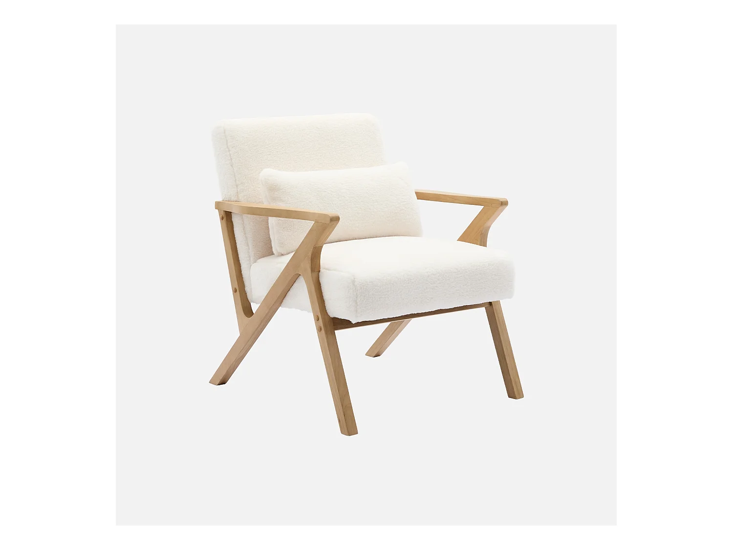 Poltrona scandinava in legno di hevea e tessuto effetto pelliccia
