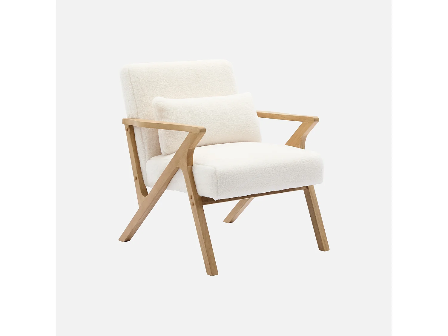 Sillón escandinavo de madera de hevea y efecto pelo sintético blanco