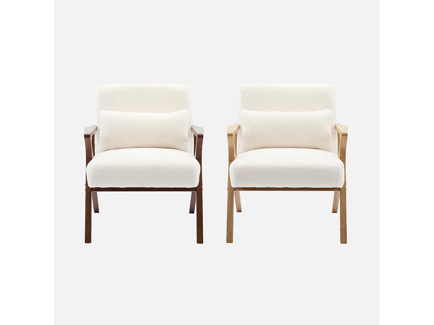 Sillón escandinavo de madera de hevea y efecto pelo sintético blanco