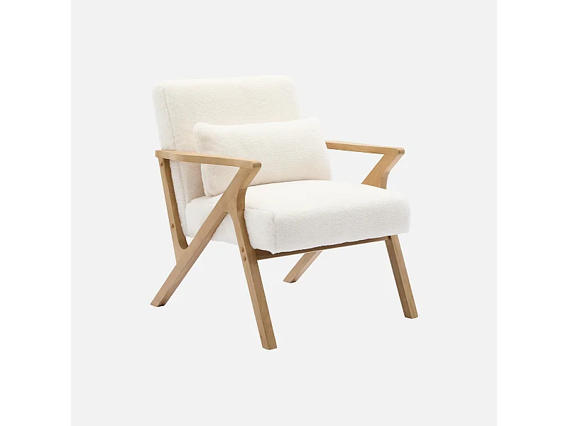 Fauteuil scandinave bois d'hévéa et tissu effet fausse fourrure blanc crème