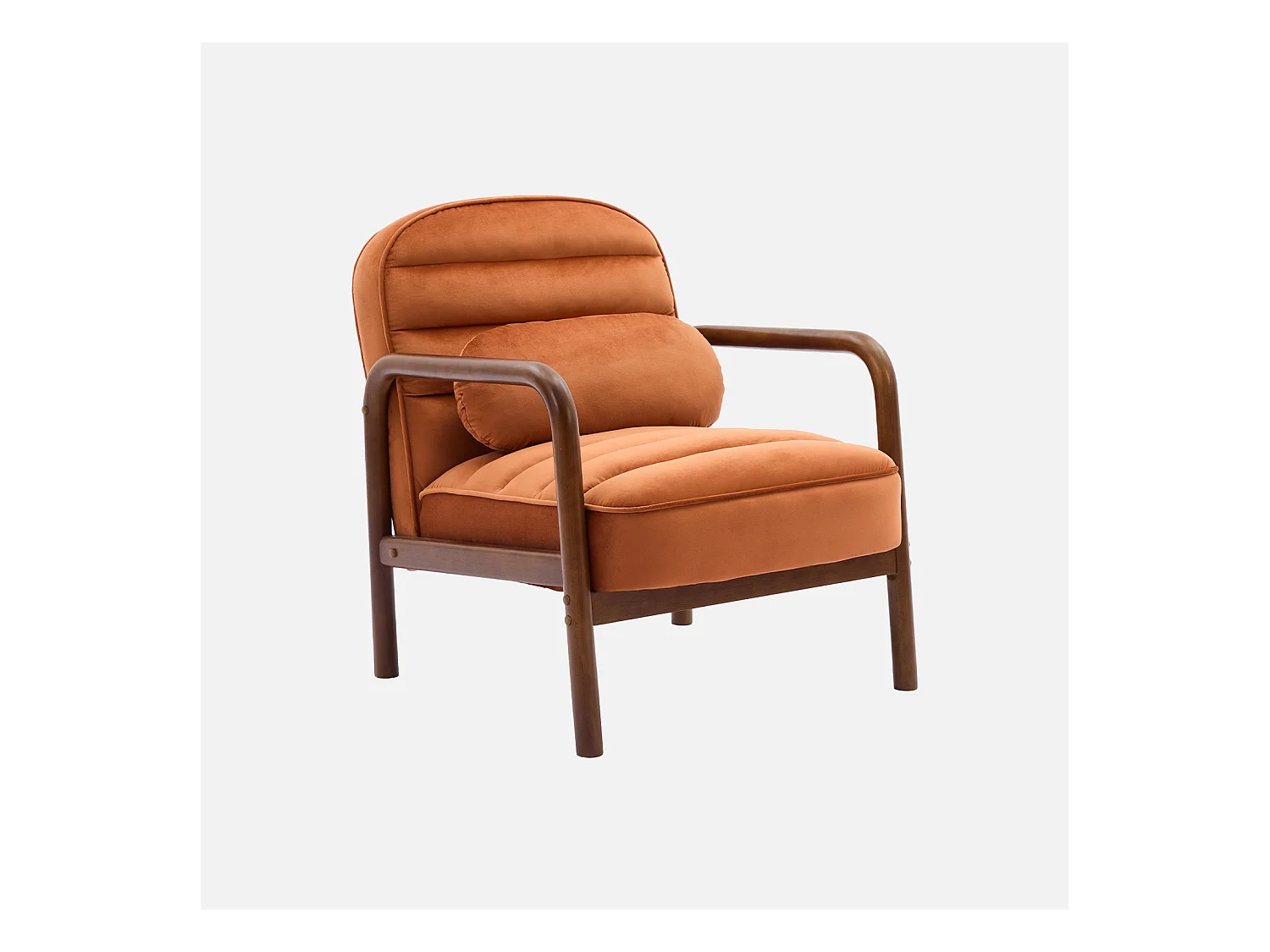 Fauteuil scandinave bois d'hévéa teinté noyer et tissu velours terracotta