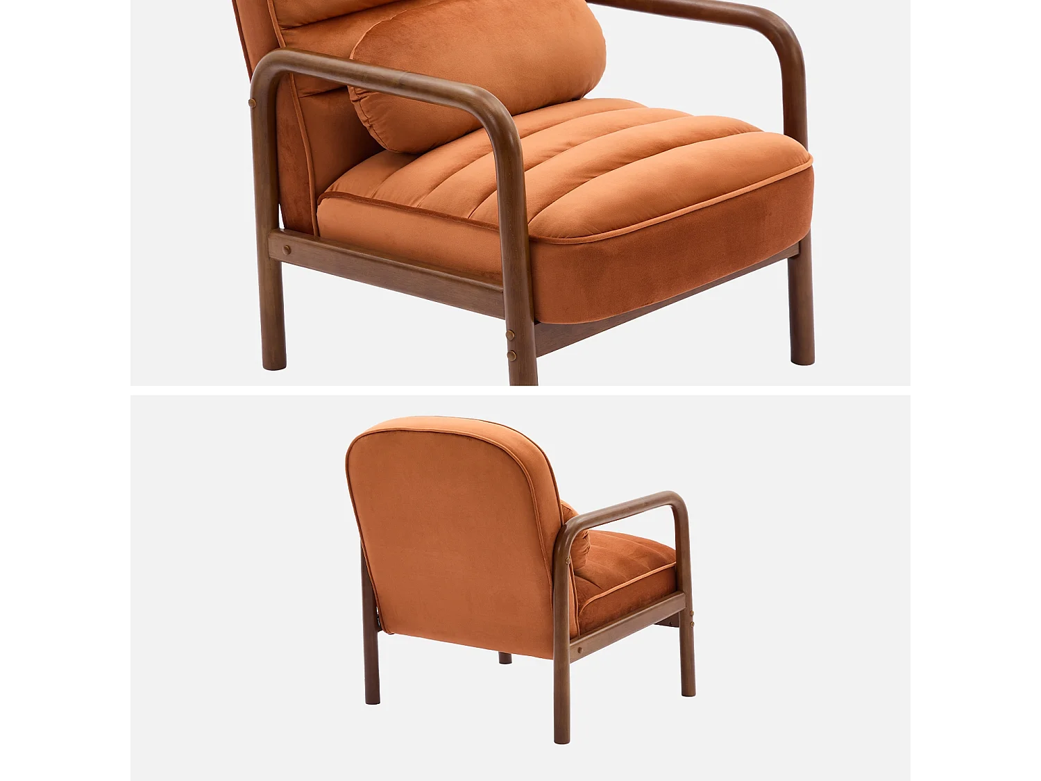 Fauteuil scandinave bois d'hévéa teinté noyer et tissu velours terracotta