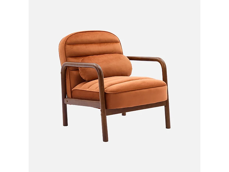 Fauteuil scandinave bois d'hévéa teinté noyer et tissu velours terracotta