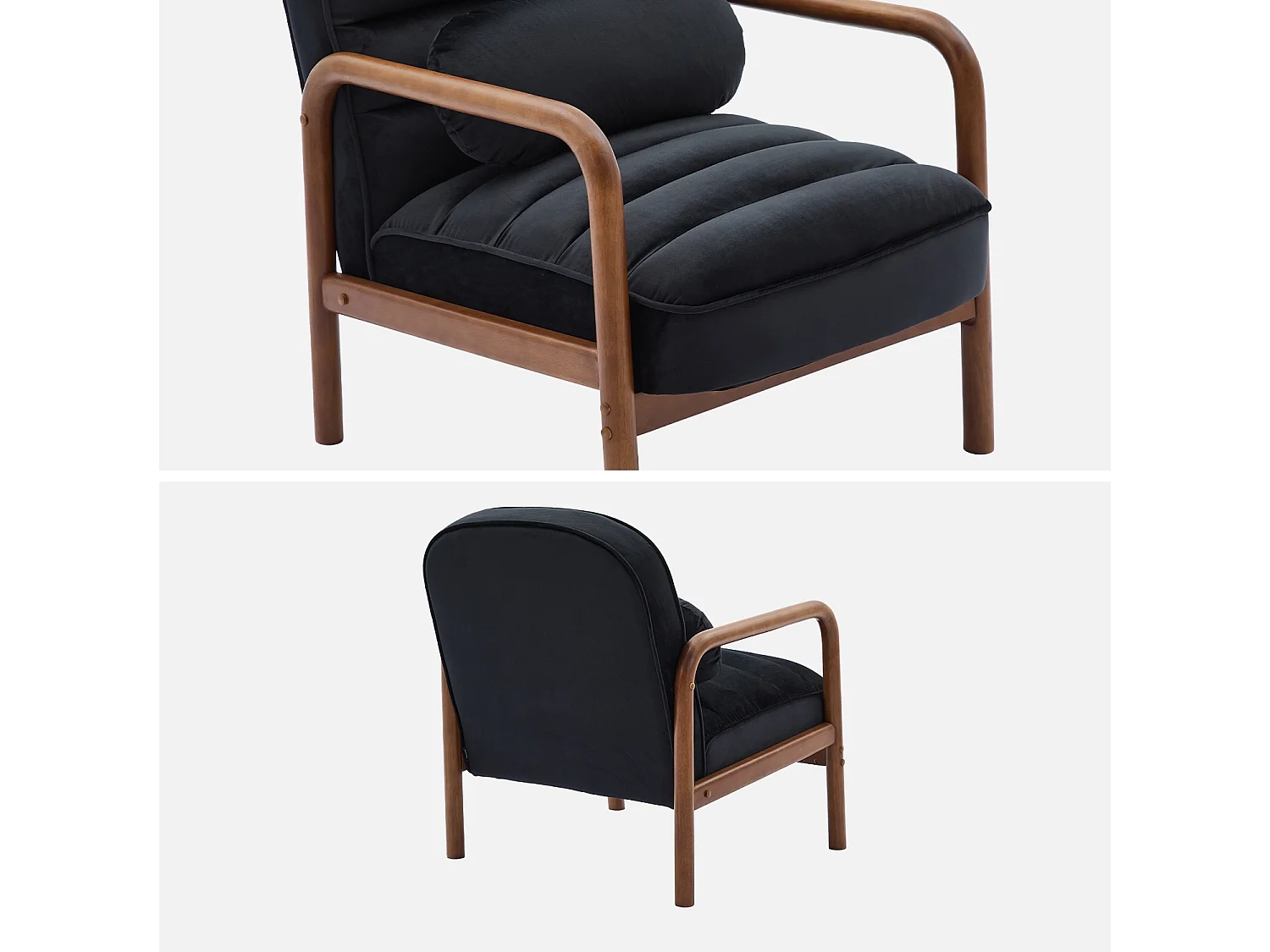 Sillón escandinavo de madera de hevea teñida de nogal y tela de