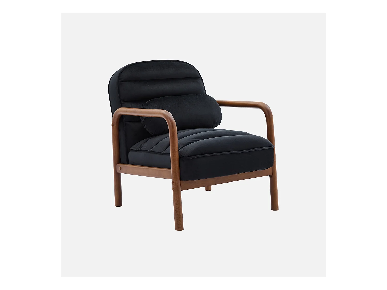 Fauteuil scandinave bois d'hévéa teinté noyer et tissu velours noir