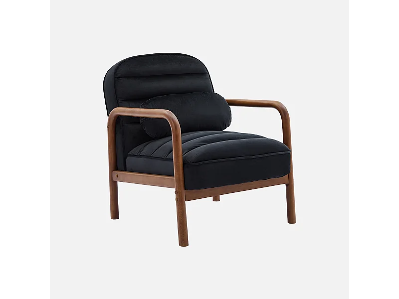 Fauteuil scandinave bois d'hévéa teinté noyer et tissu velours noir