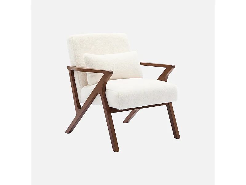 Fauteuil scandinave bois d'hévéa teinté noyer et tissu effet fausse fourrure
