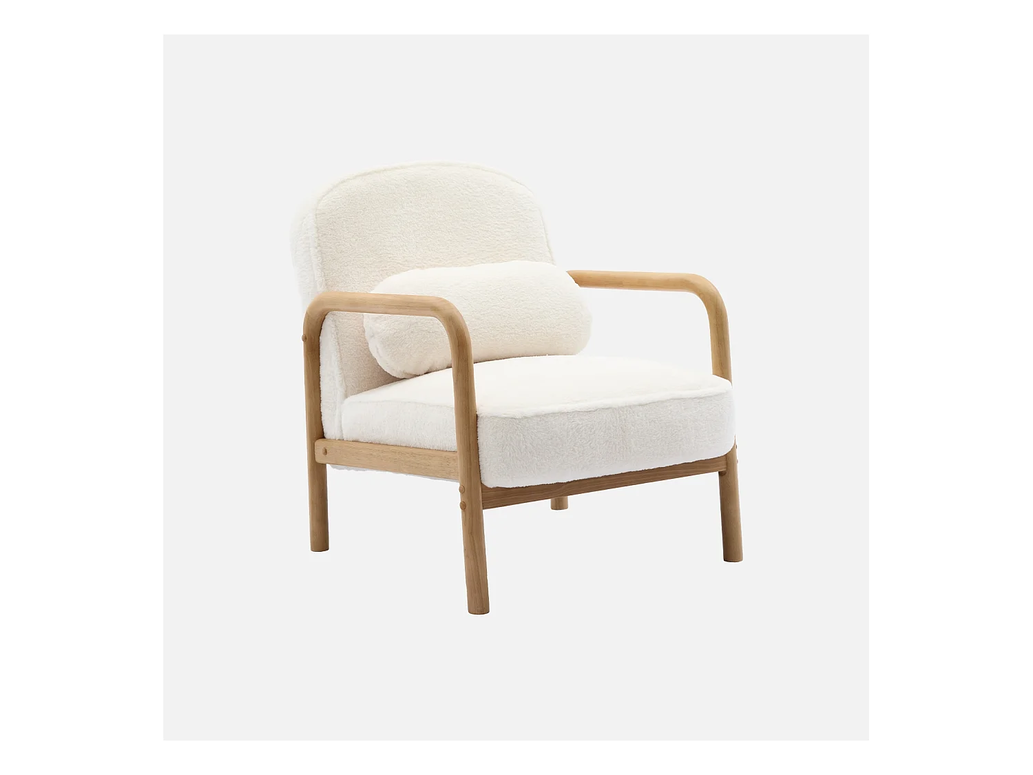 Fauteuil scandinave arrondi bois d'hévéa et tissu effet fausse fourrure