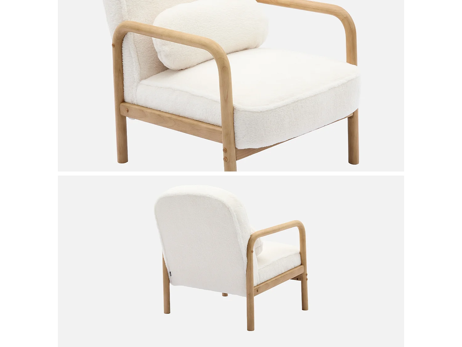 Fauteuil scandinave arrondi bois d'hévéa et tissu effet fausse fourrure