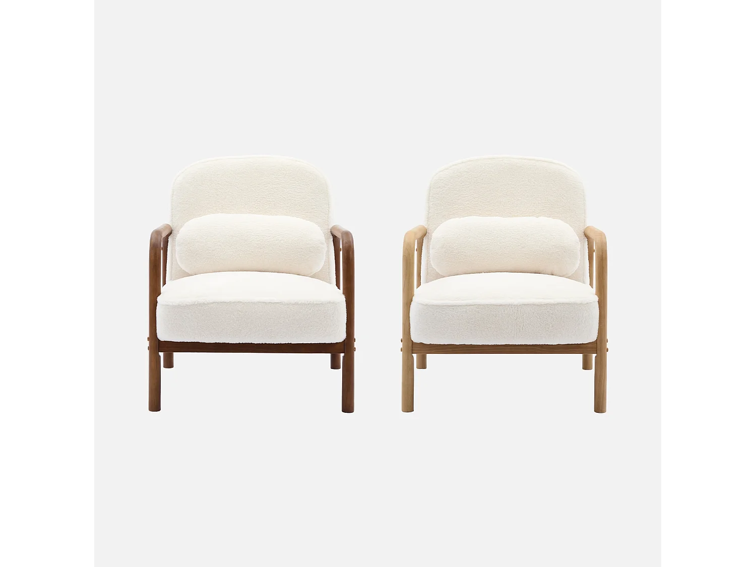 Fauteuil scandinave arrondi bois d'hévéa et tissu effet fausse fourrure