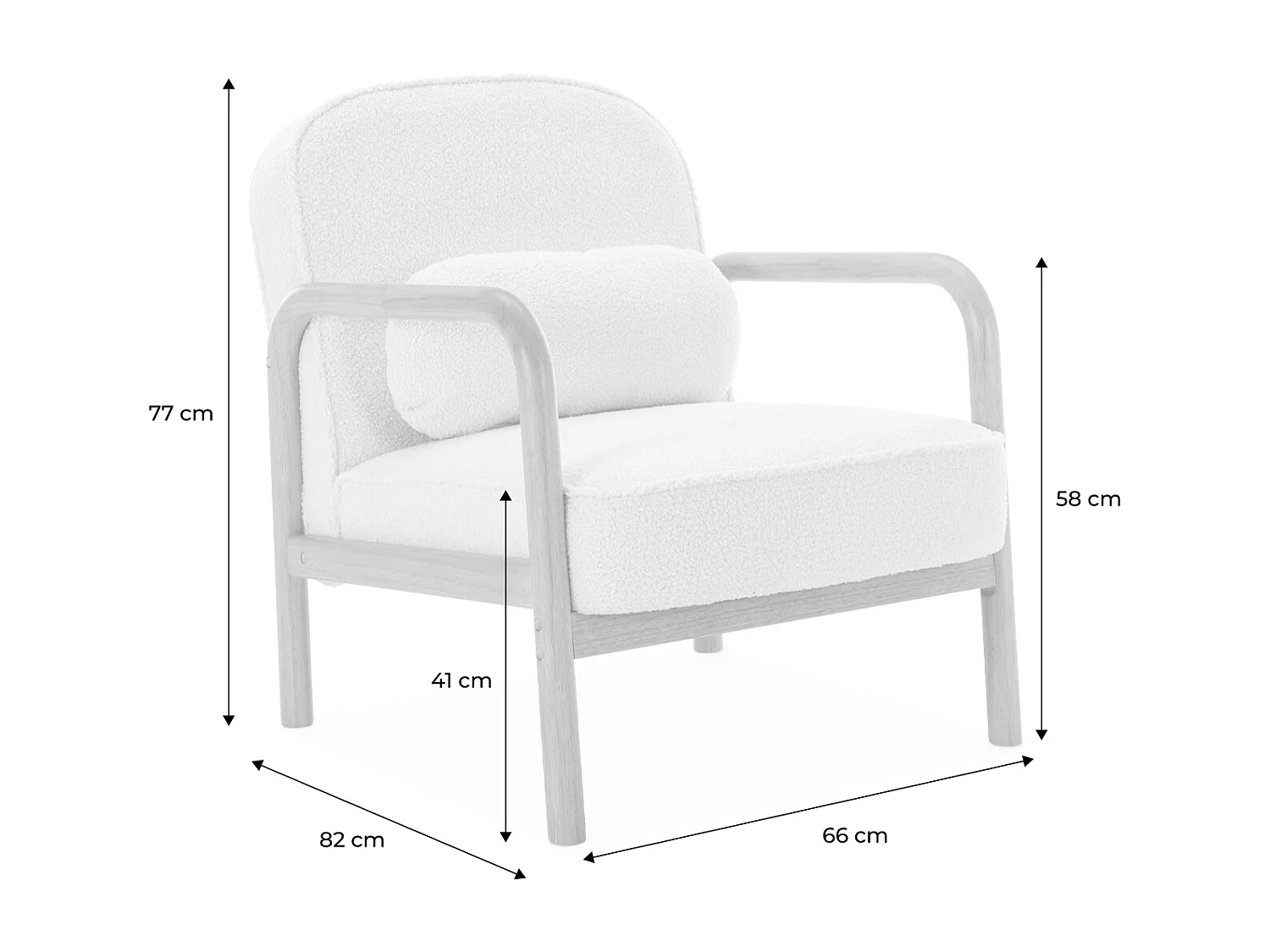Fauteuil scandinave arrondi bois d'hévéa et tissu effet fausse fourrure