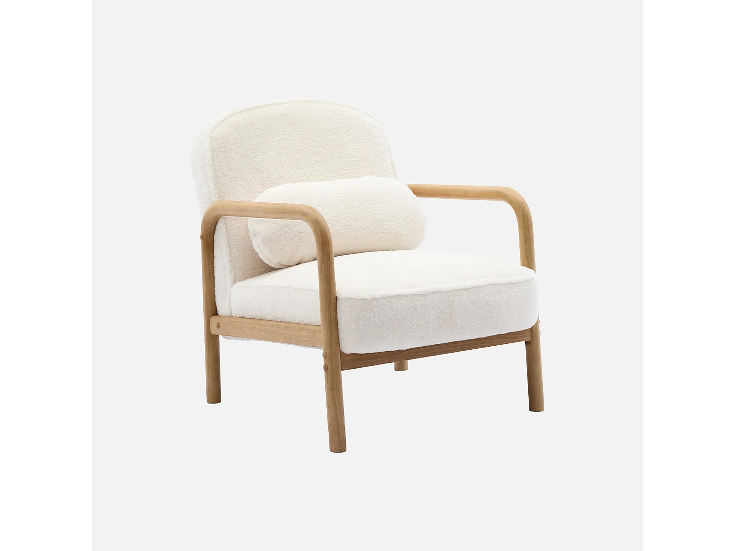 Fauteuil scandinave arrondi bois d'hévéa et tissu effet fausse fourrure
