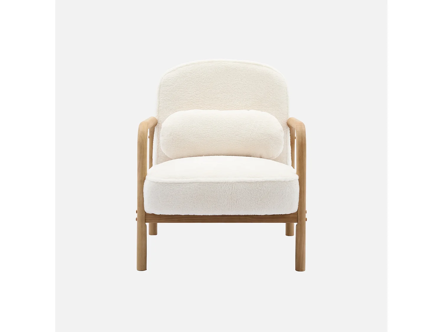 Fauteuil scandinave arrondi bois d'hévéa et tissu effet fausse fourrure