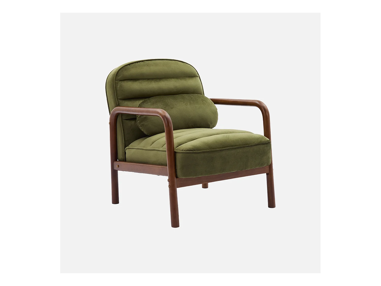 Fauteuil scandinave bois d'hévéa teinté noyer et tissu velours kaki