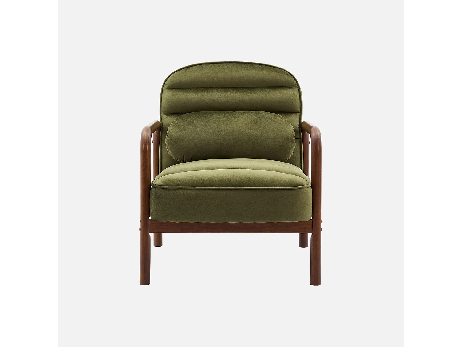 Fauteuil scandinave bois d'hévéa teinté noyer et tissu velours kaki