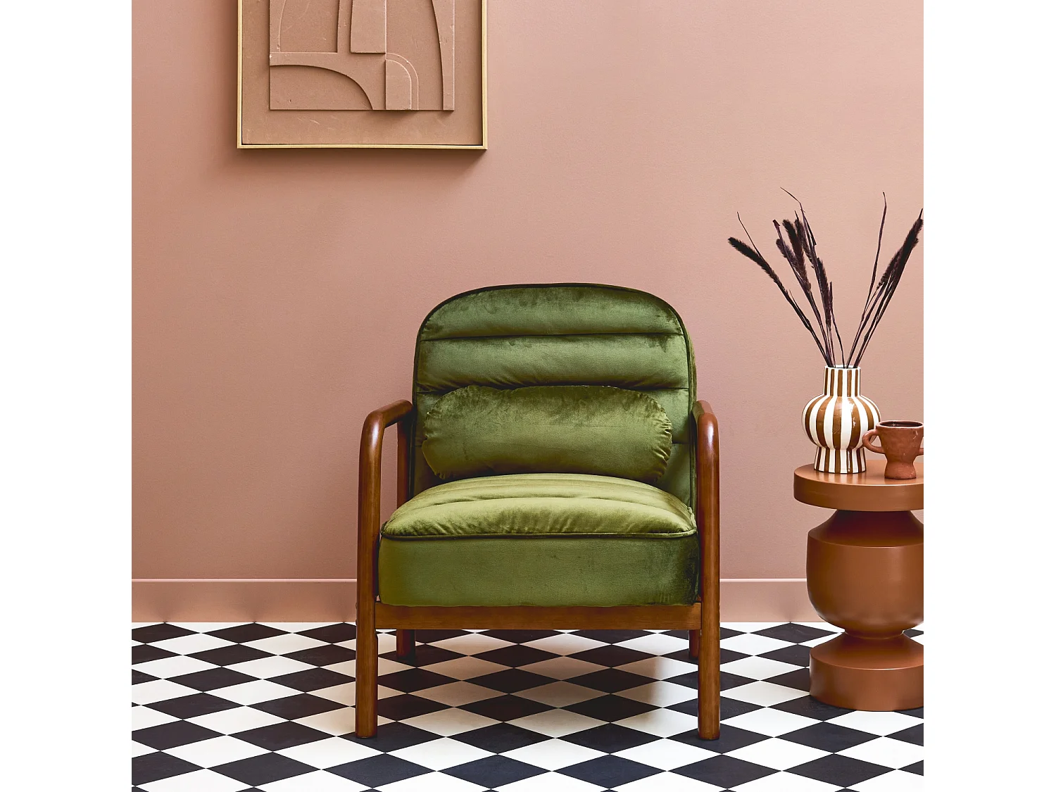 Fauteuil scandinave bois d'hévéa teinté noyer et tissu velours kaki