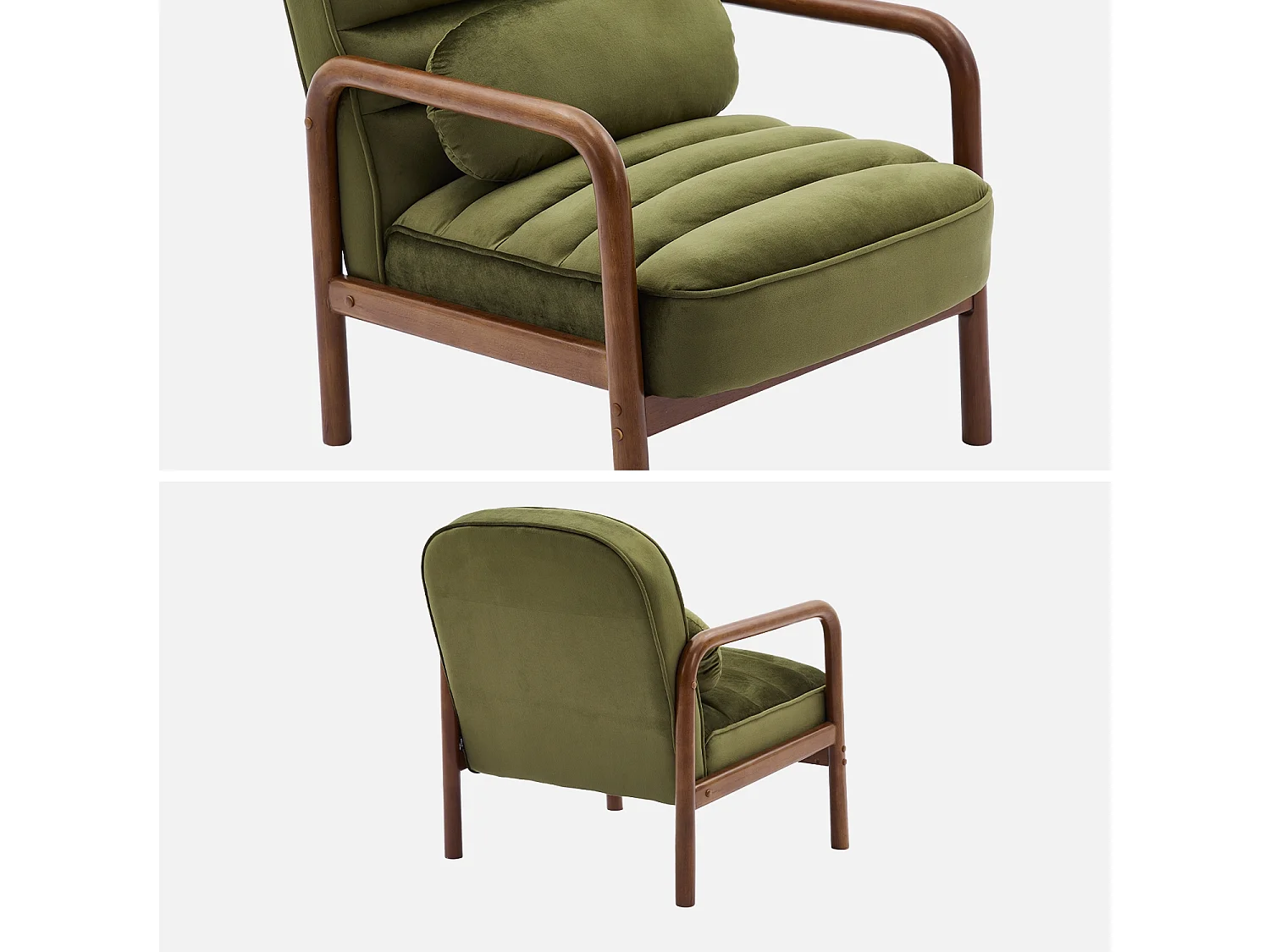 Fauteuil scandinave bois d'hévéa teinté noyer et tissu velours kaki