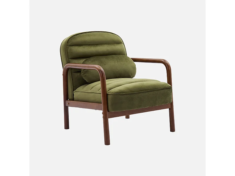 Fauteuil scandinave bois d'hévéa teinté noyer et tissu velours kaki