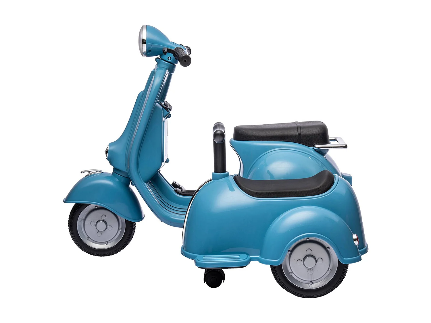 Scooter électrique enfant Vespa 6V bleu. 1 place avec porteur