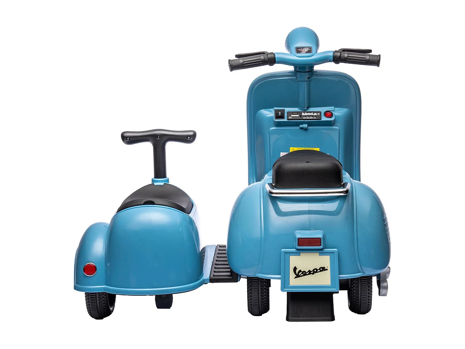 Scooter électrique enfant Vespa 6V bleu. 1 place avec porteur