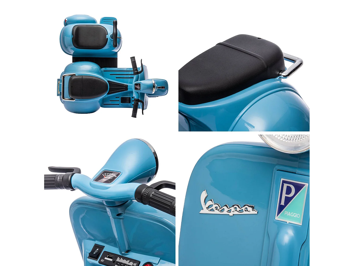 Scooter électrique enfant Vespa 6V bleu. 1 place avec porteur