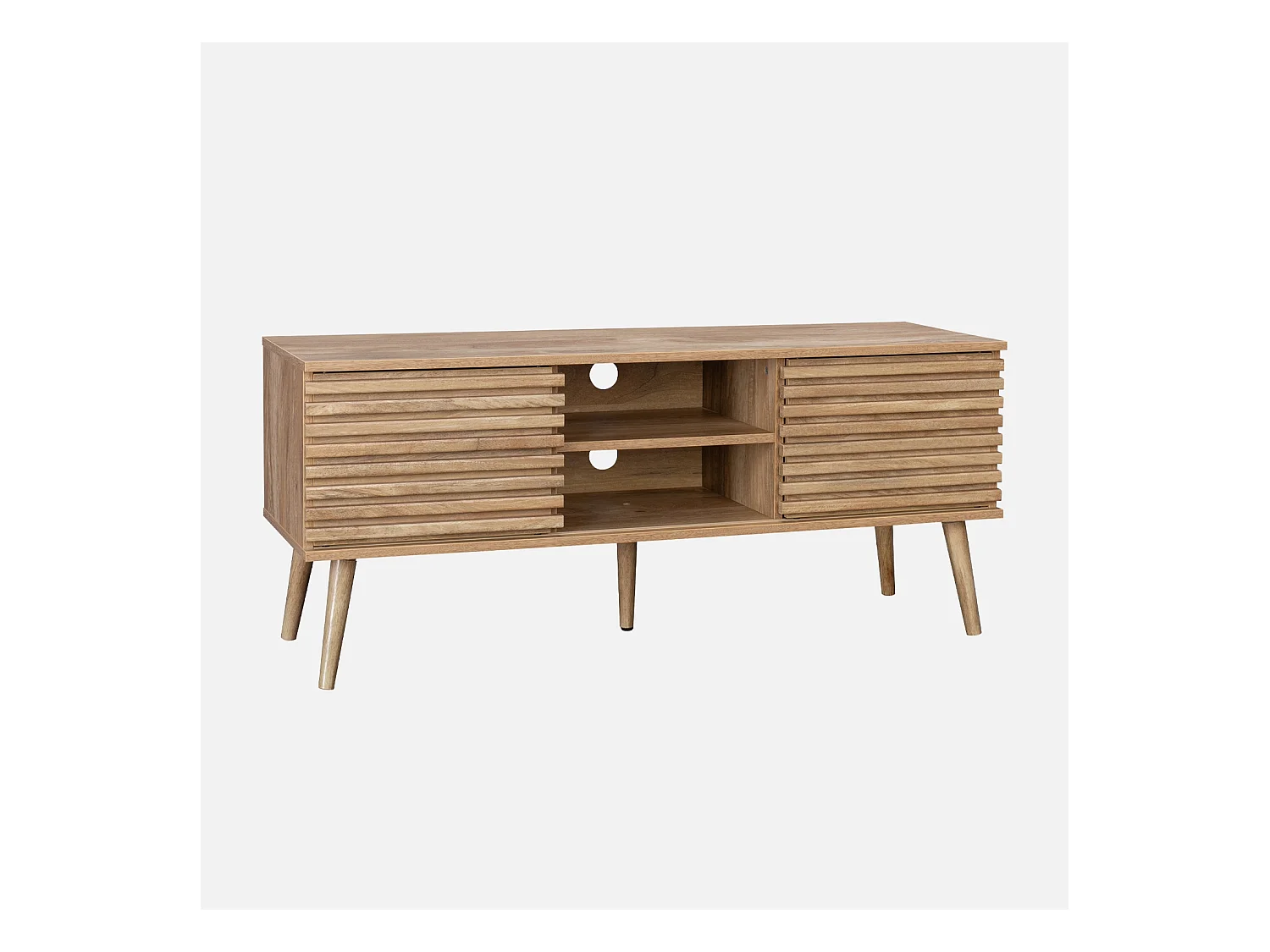 Meuble TV scandinave avec 2 portes décor bois rainuré et 1 niche centrale avec étagère L120cm