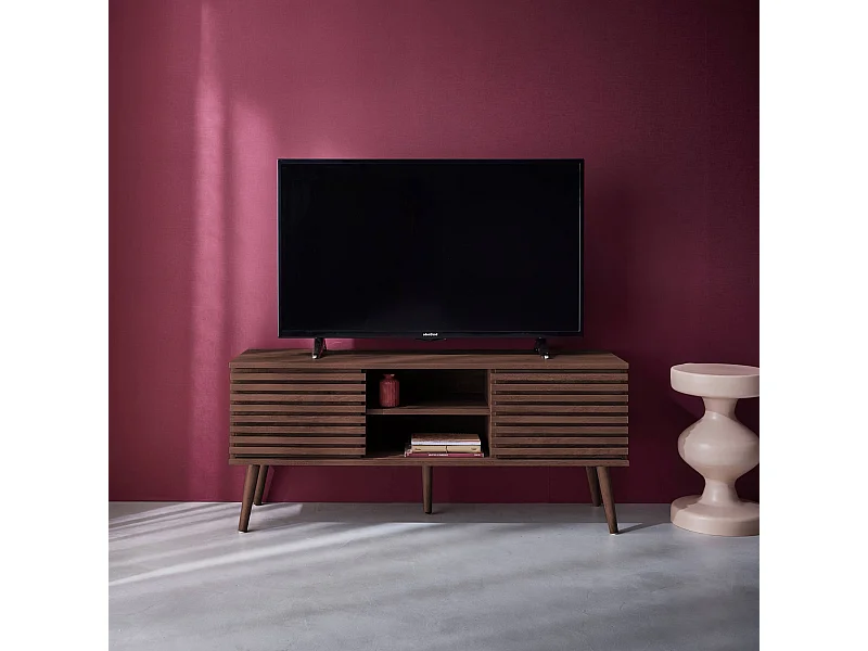 Mueble tv escandinavo 2 puertas, decoración madera acanalada nogal